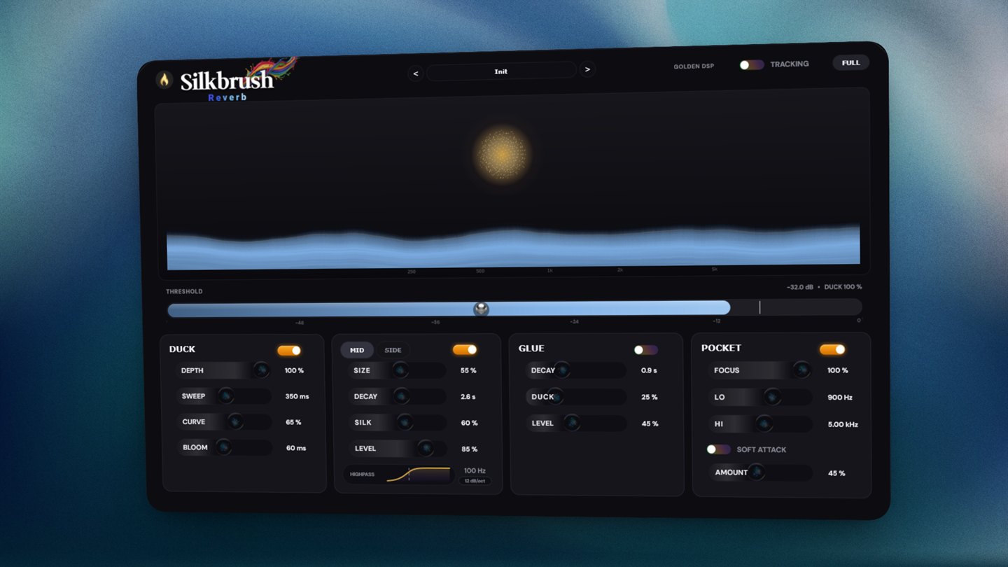 Silkbrush Reverb interface against a deep teal silk backdrop