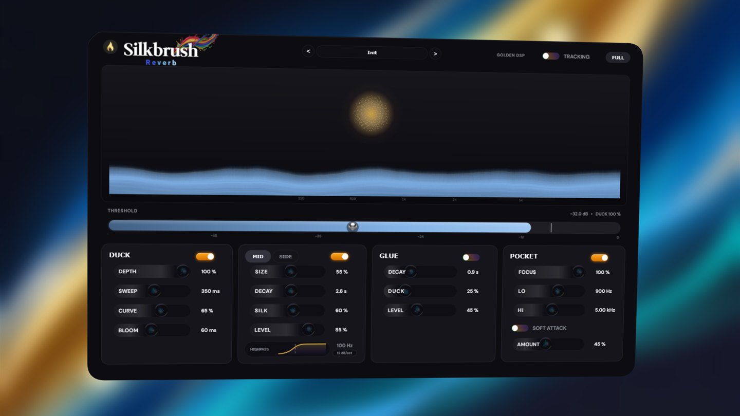 Silkbrush Reverb interface at an angle against gold and blue silk