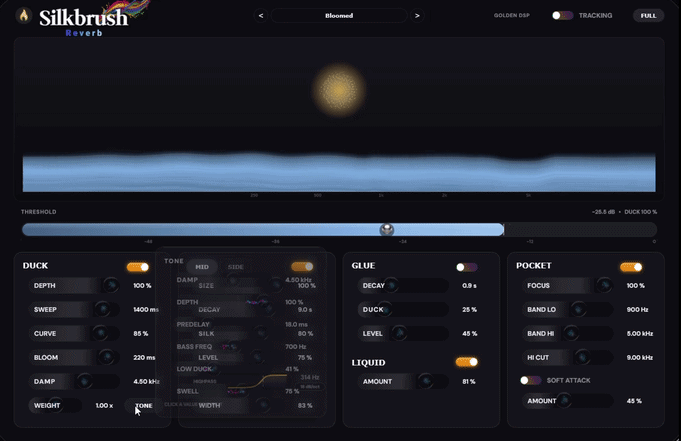 Silkbrush Reverb responding in real time — the orb blooming and the analyser carving